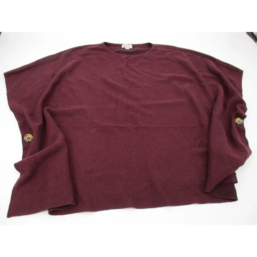 LOFT Womens Poncho Wrap One Size Red Crew Neck Side Buttons Casual Knit Pullover